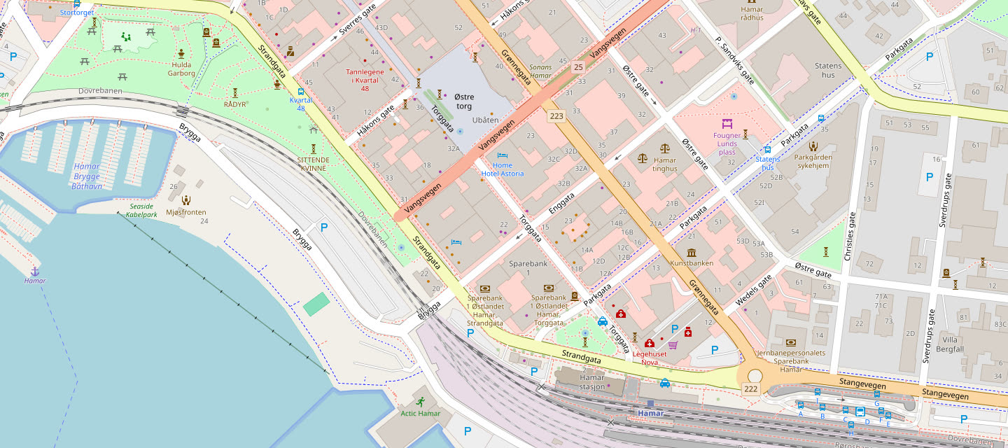 Kart over Hamar sentrum med Torggata 22 markert